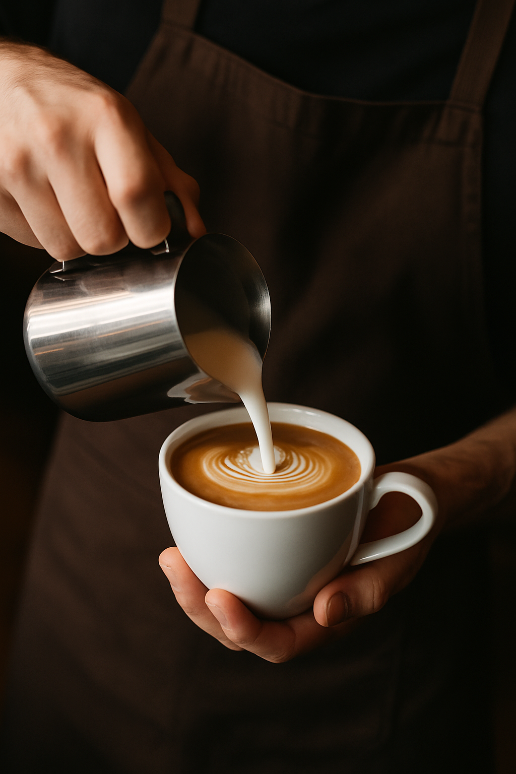 Close-up of a barista pouring milk into a coffee cup
