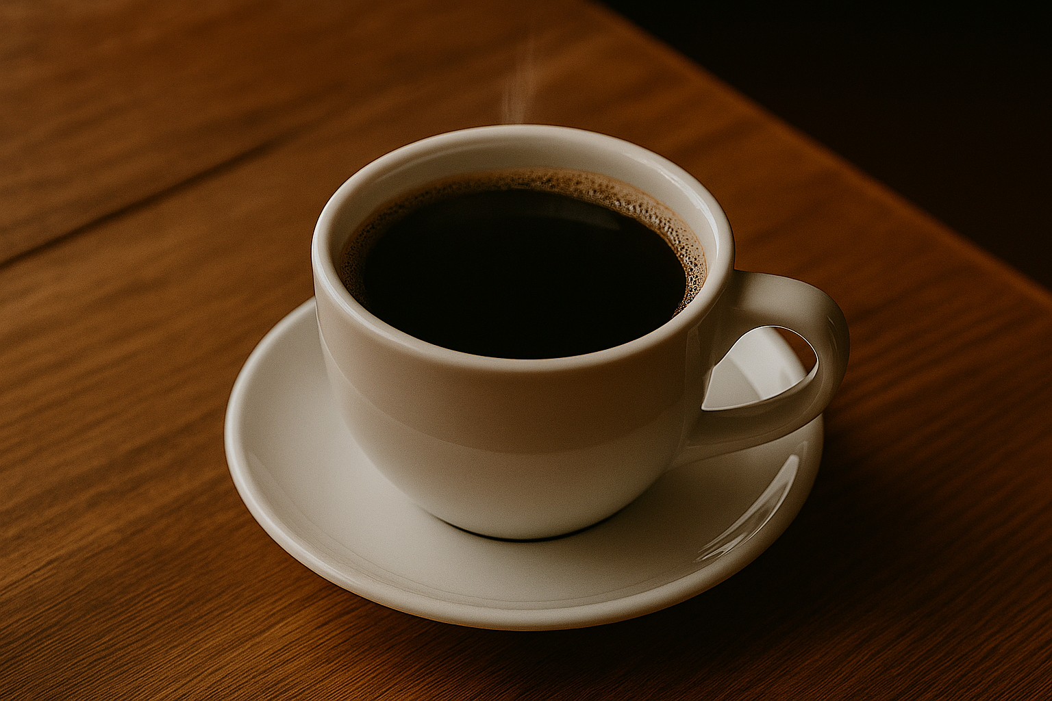 A close-up of a steaming cup of black coffee on a wooden table