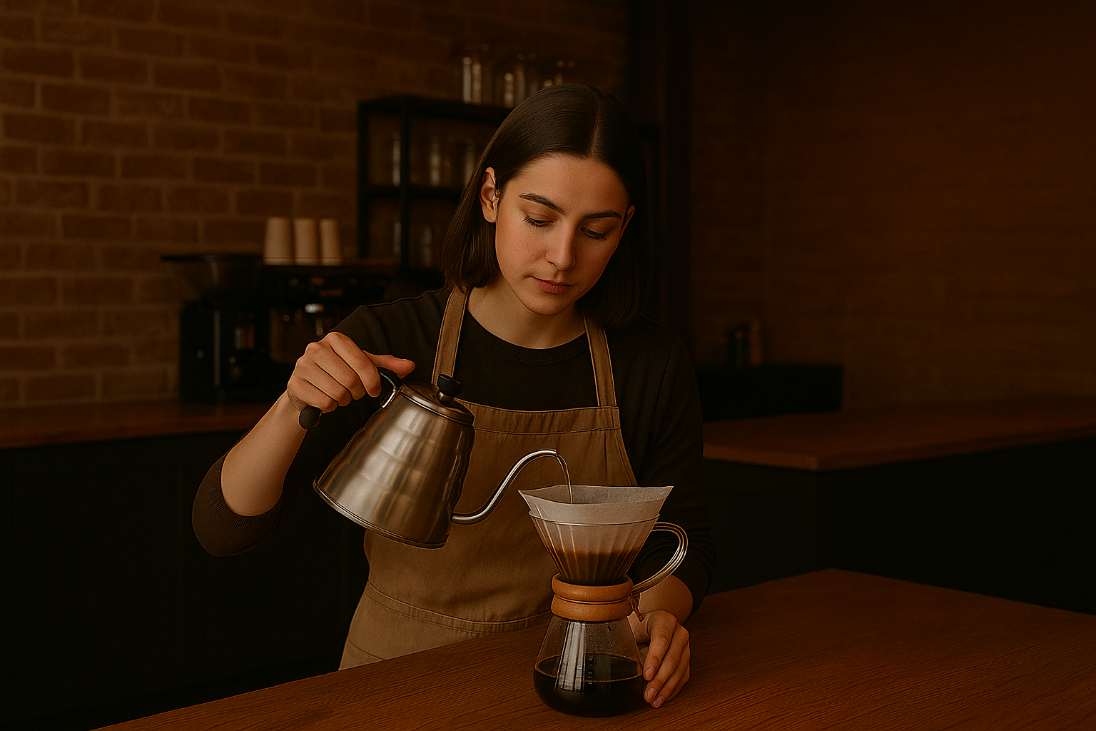 A barista carefully preparing a pour-over coffee