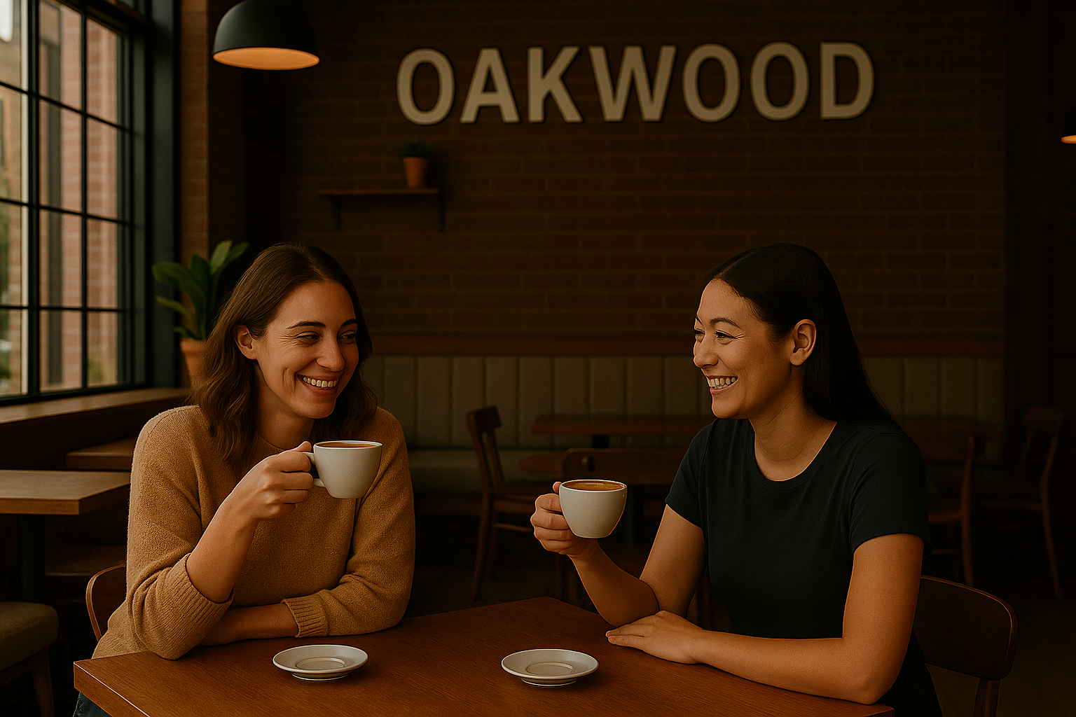 Two friends chatting and laughing over coffee