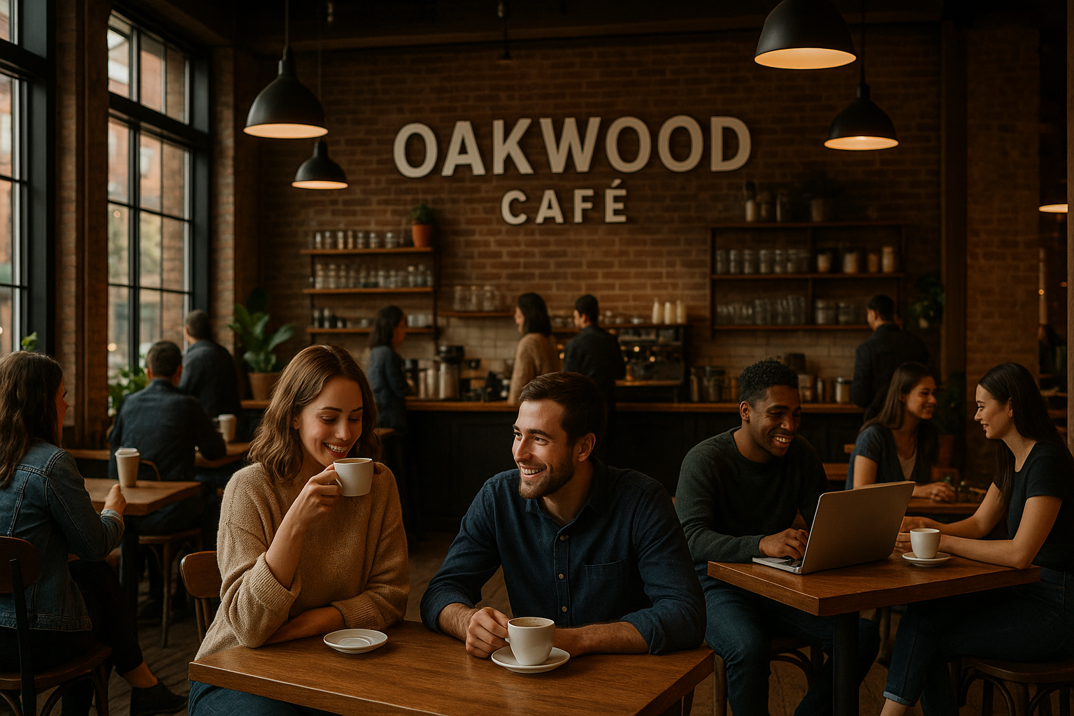 A cozy, sunlit coffee shop interior