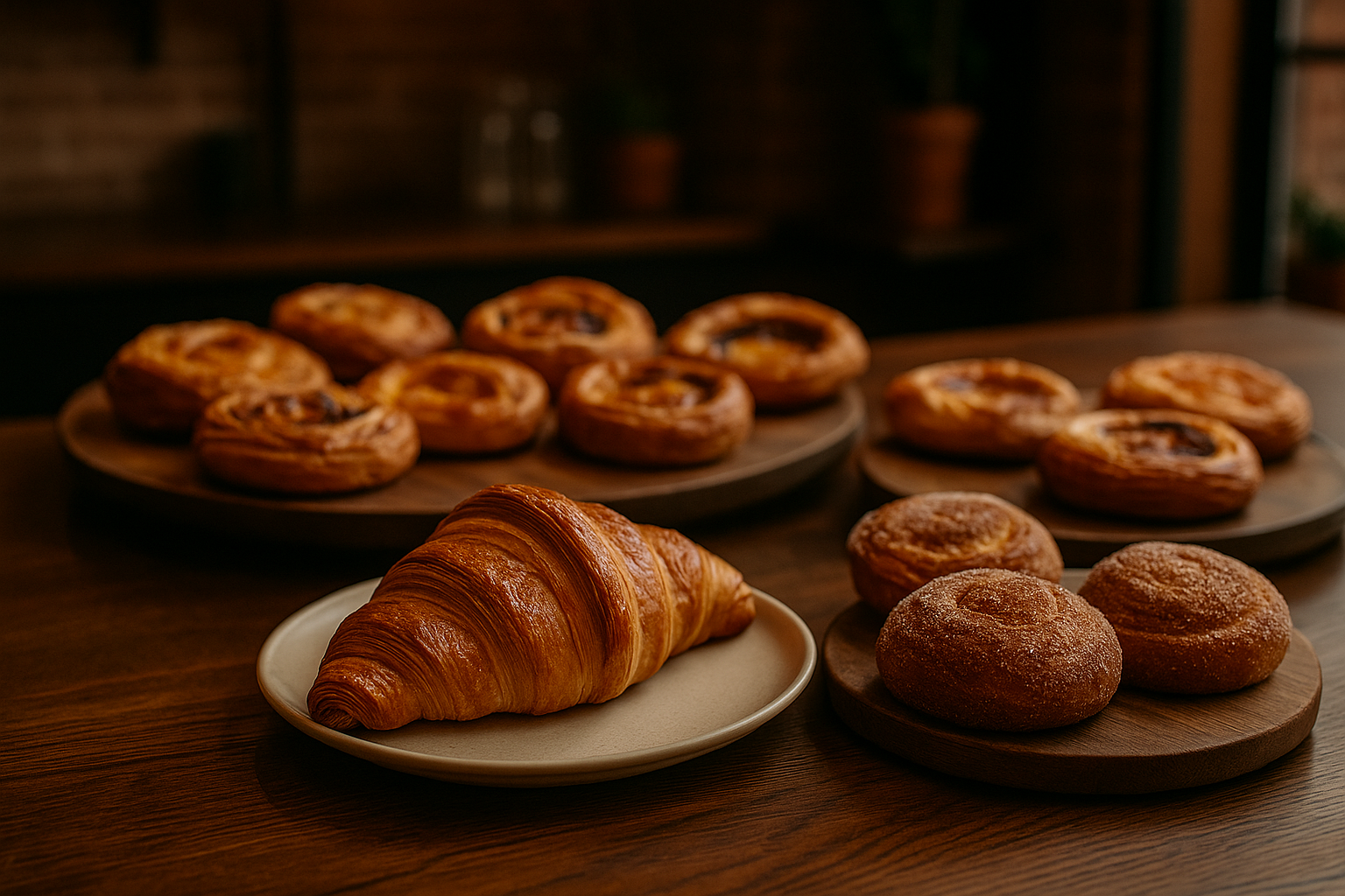 A variety of fresh pastries displayed on a counter